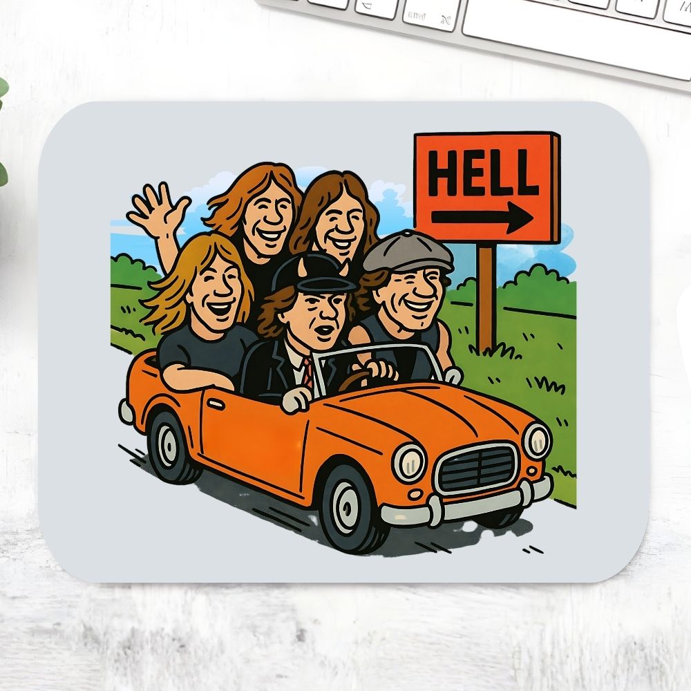 Mouse pad with cartoon illustration of people in an orange car and a 'Hell' sign on a white surface. AC/DC Mousepad The Banyan Tee