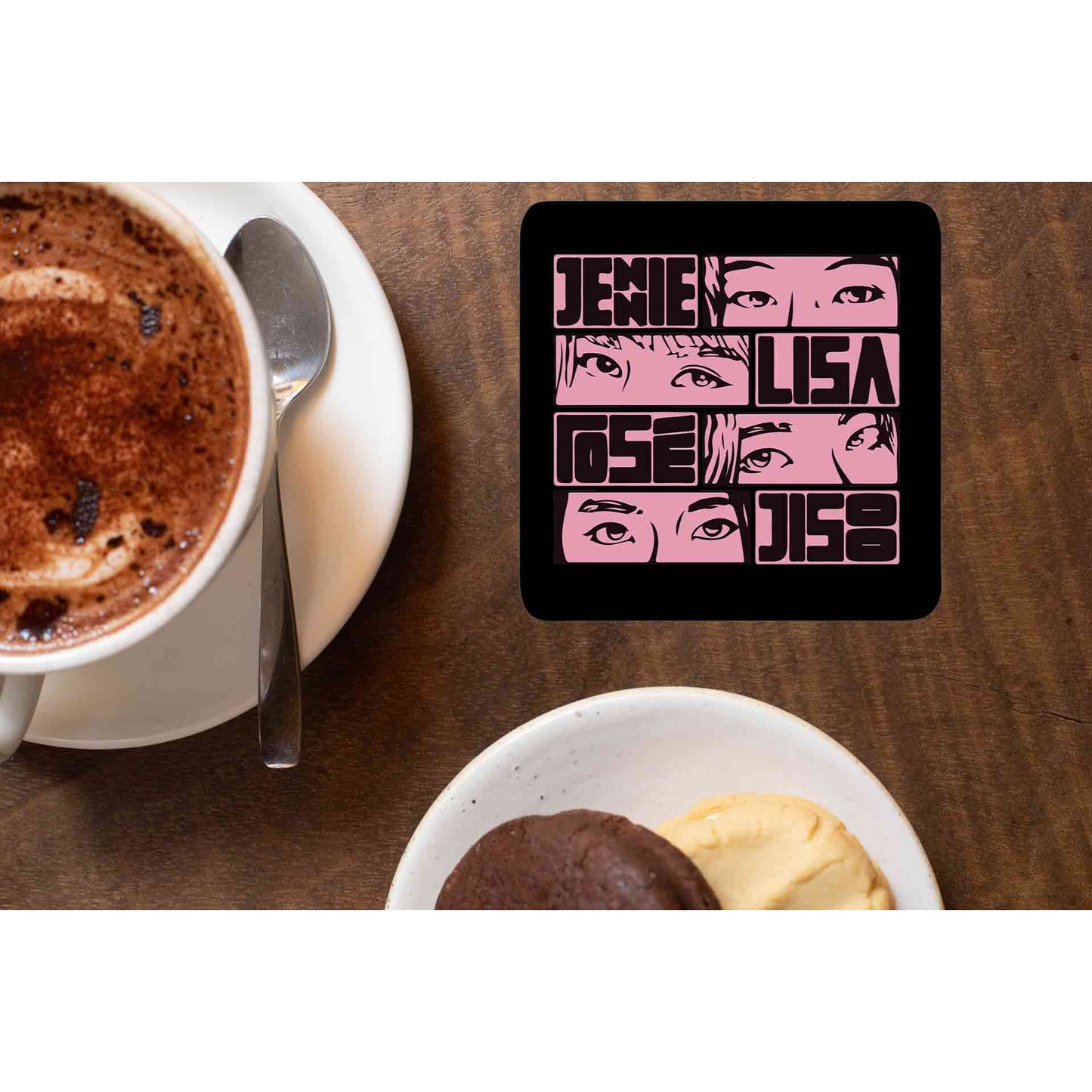black pink jennie lisa rose jisoo coasters wooden table cups indian music band buy online india the banyan tee tbt men women girls boys unisex song k pop jennie lisa jisoo rose