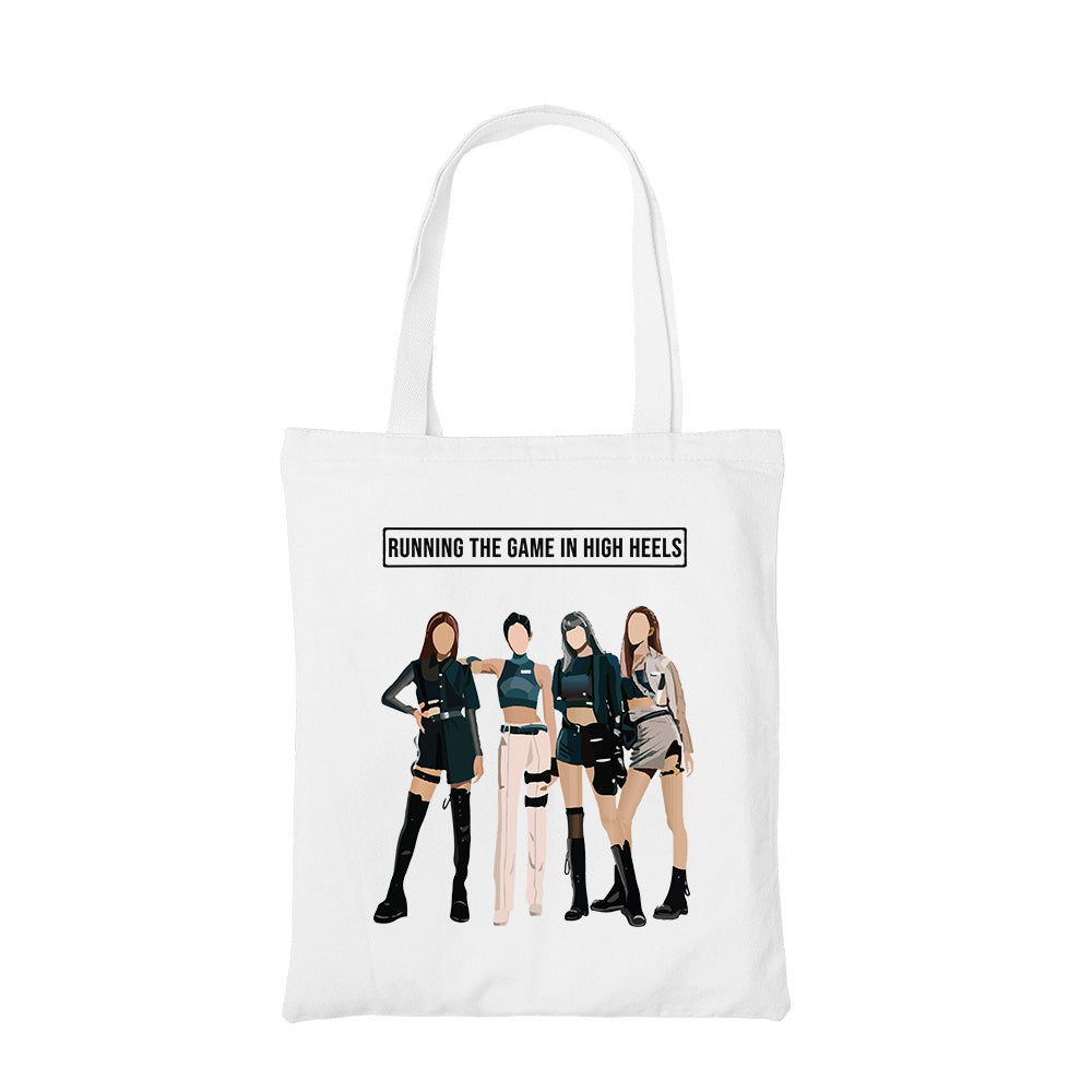 black pink running the game in high heels tote bag hand printed cotton women men unisex