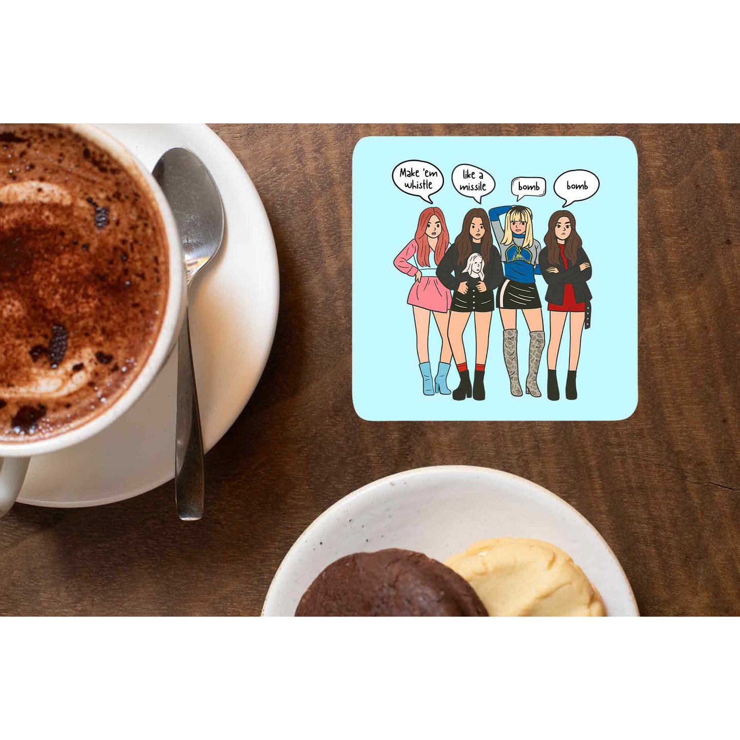 black pink whistle coasters wooden table cups indian music band buy online india the banyan tee tbt men women girls boys unisex song k pop jennie lisa jisoo rose