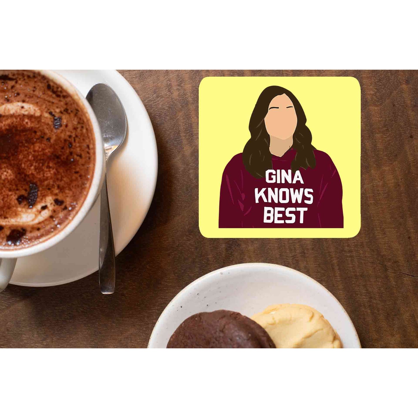 brooklyn nine-nine gina knows best coasters wooden table cups indian buy online india the banyan tee tbt men women girls boys unisex detective jake peralta terry charles boyle gina linetti andy samberg merchandise clothing acceessories