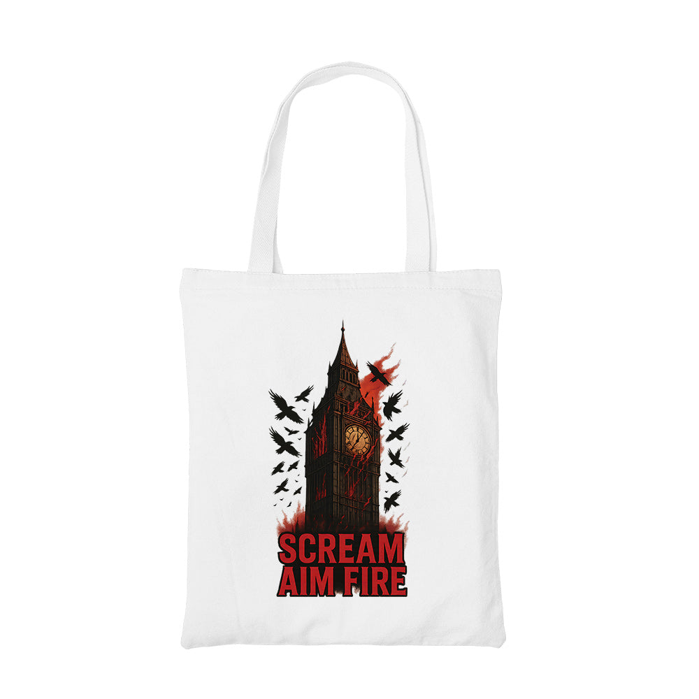 bullet for my valentine scream aim fire tote bag cotton printed music band buy online united states usa the banyan tee tbt men women girls boys unisex
