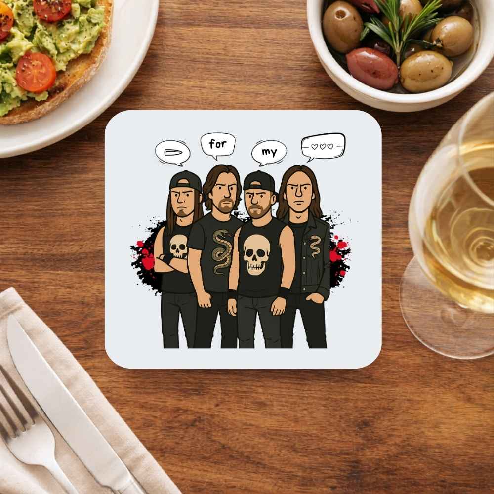Coaster with a band illustration on a wooden table with food and drink. Bullet for my valentine.