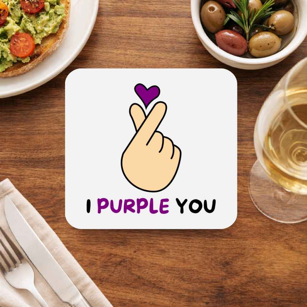 BTS I Purple You coaster with Korean finger heart and purple love text on wooden dining table β meaningful K-pop collectible drink coaster and heartfelt fan gift for BTS ARMY