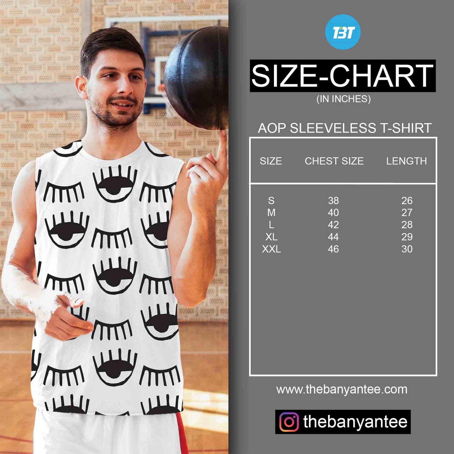 The Banyan Tee Custom AOP Sleeveless T-shirt Size Chart