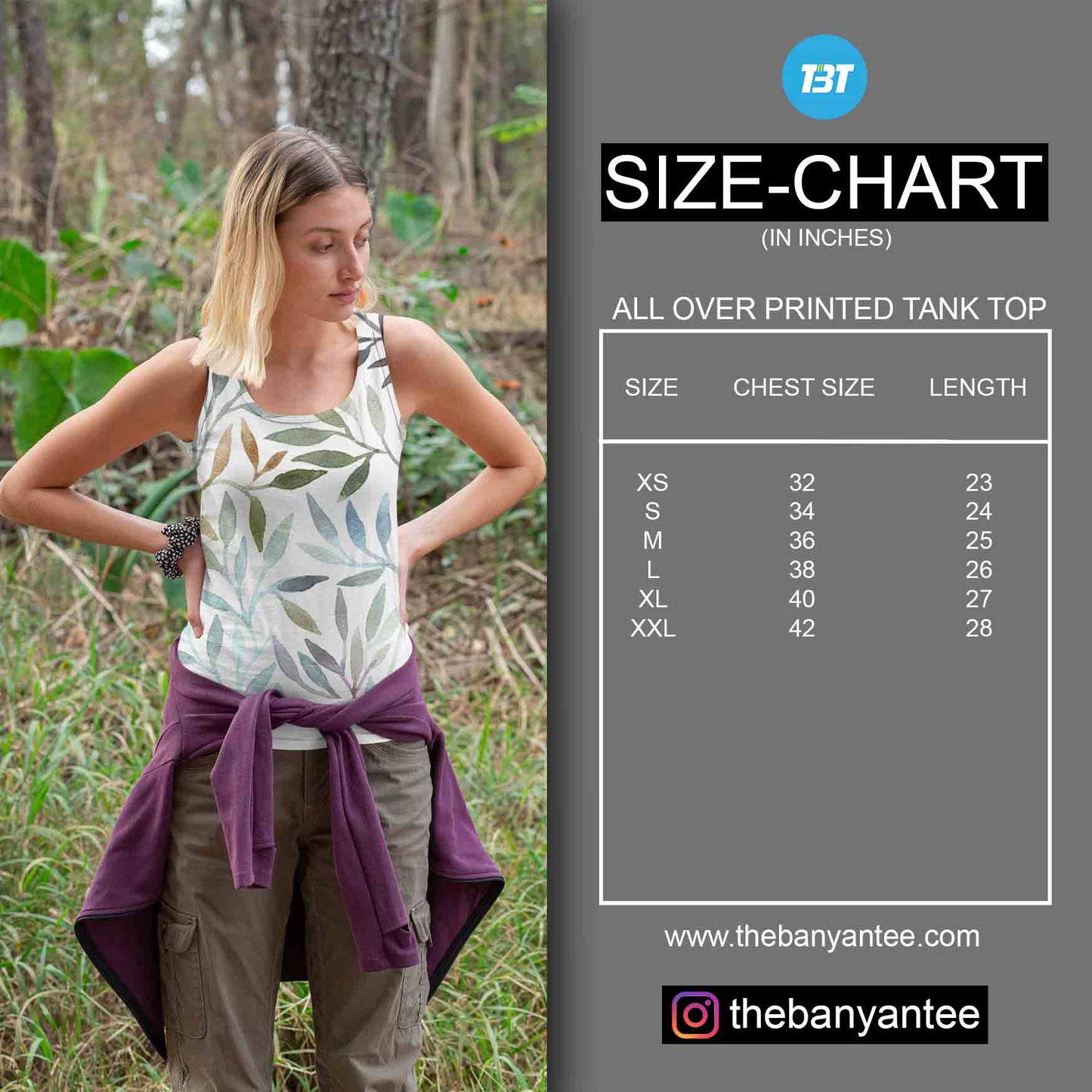 The Banyan Tee Custom All Over Printed Tank Top Size Chart