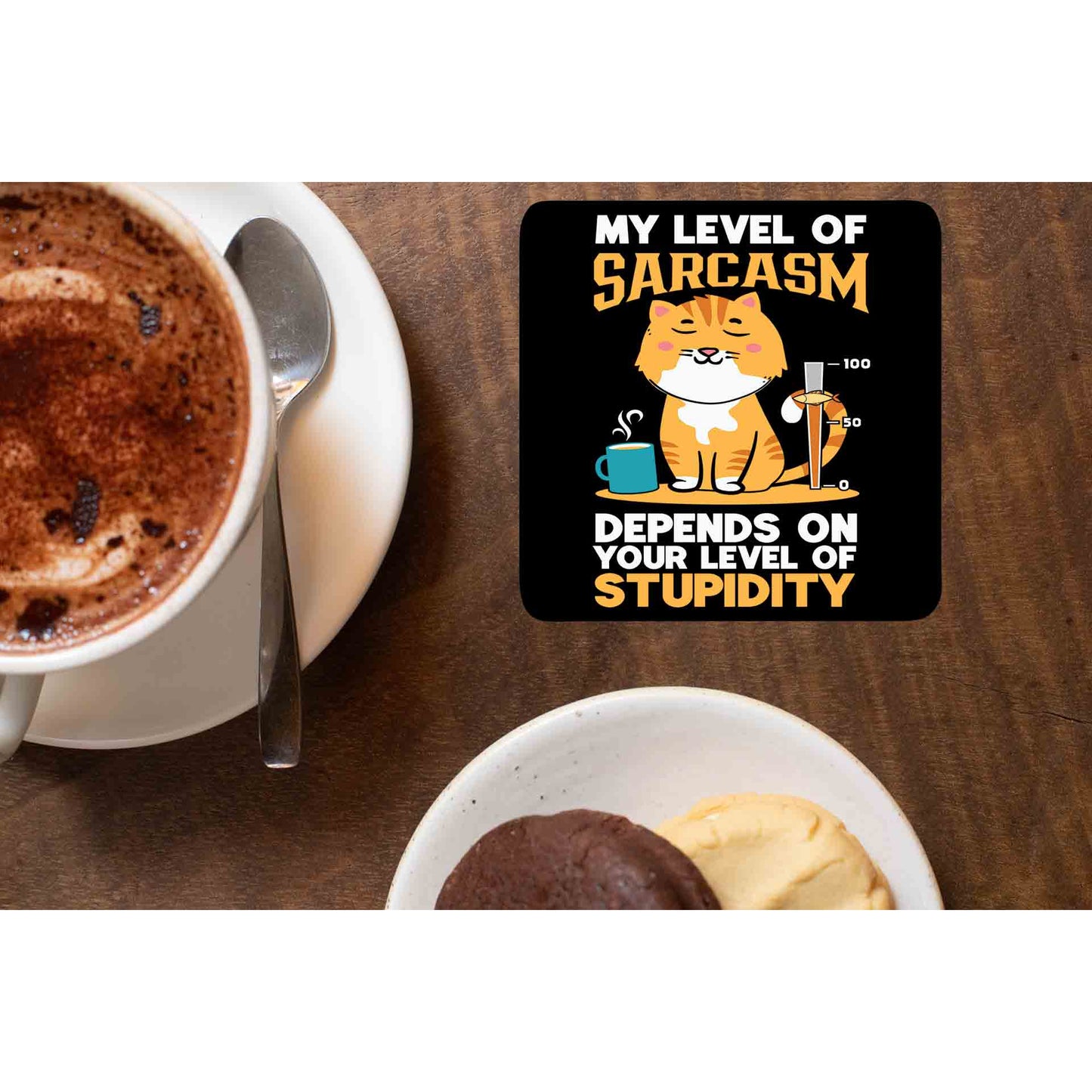 printed my level of sarcasm coasters wooden table cups indian printed graphic stylish buy online india the banyan tee tbt men women girls boys unisex