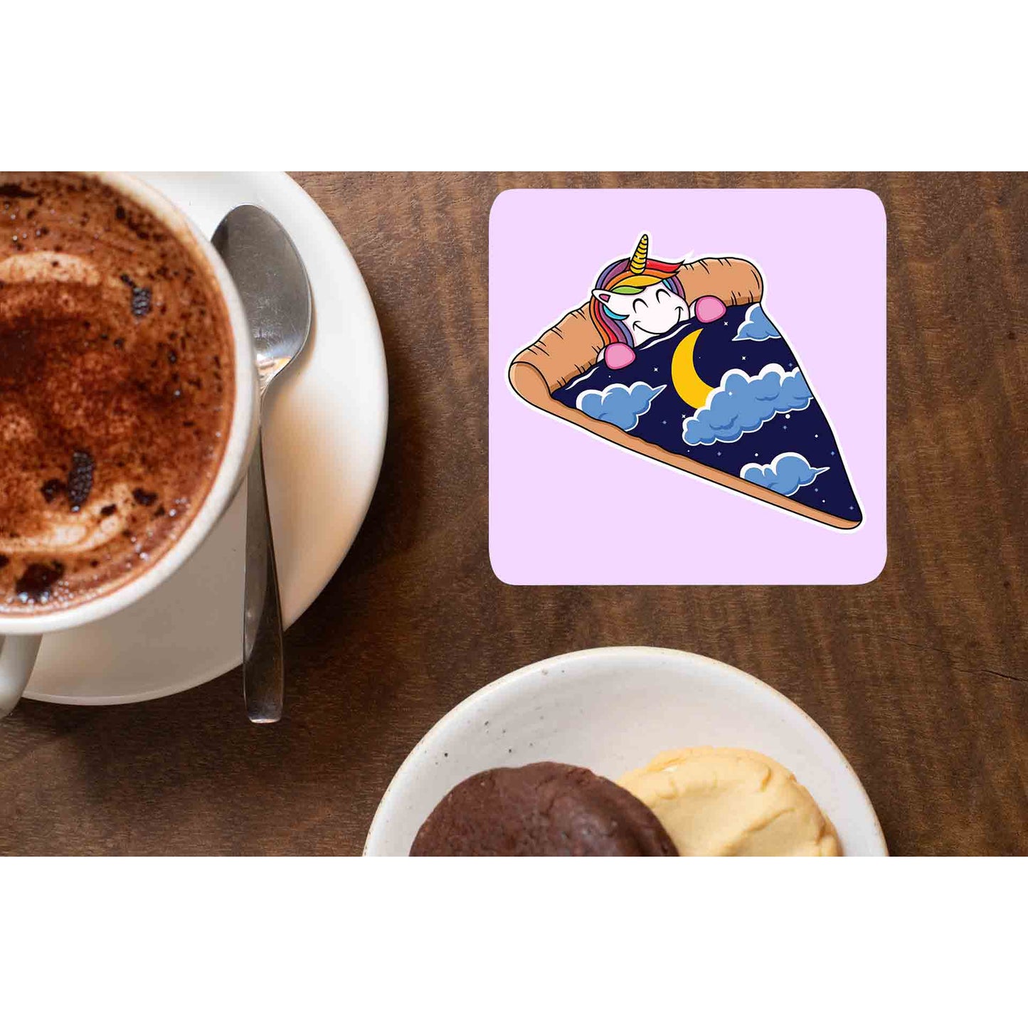 printed unicorn pizza slice coasters wooden table cups indian printed graphic stylish buy online india the banyan tee tbt men women girls boys unisex