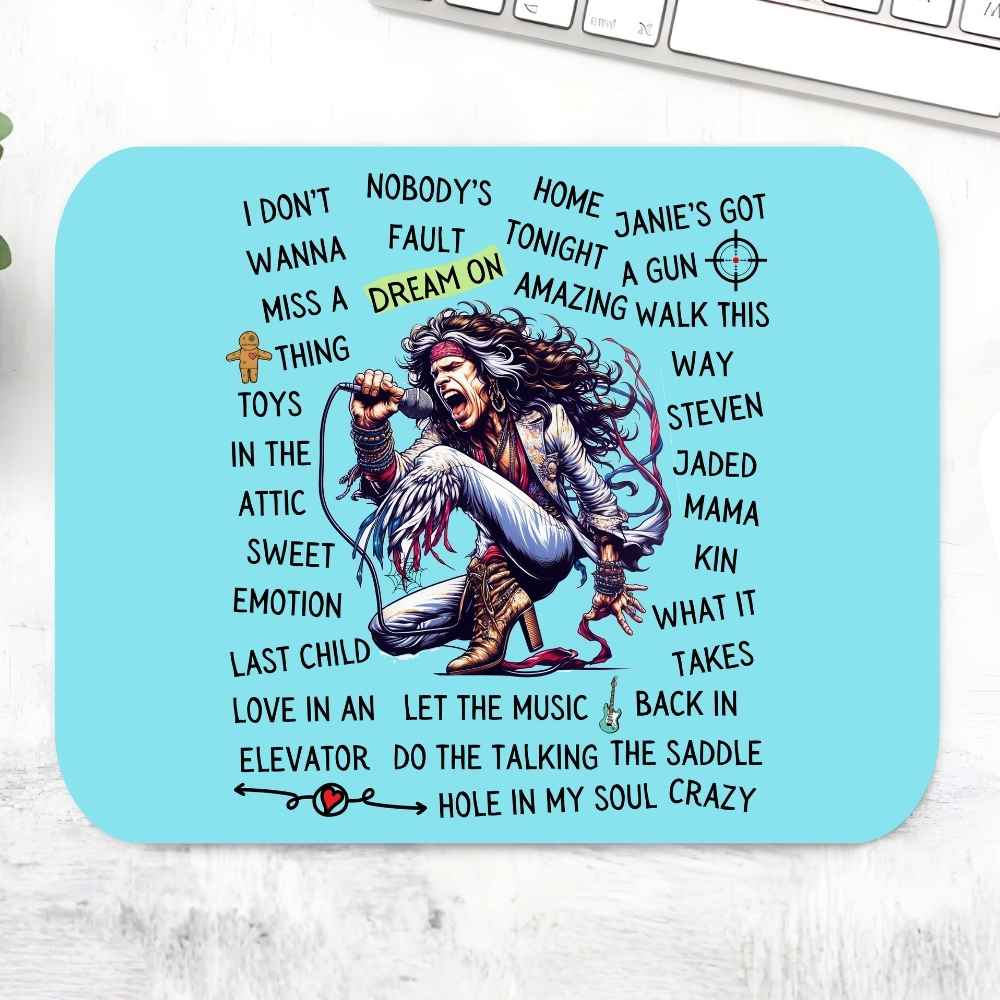 Mouse pad with a stylized illustration of a person singing and lyrics on a light blue background. aerosmith song story mousepad logitech large music band buy online united states of america usa the banyan tee tbt men women girls boys unisex