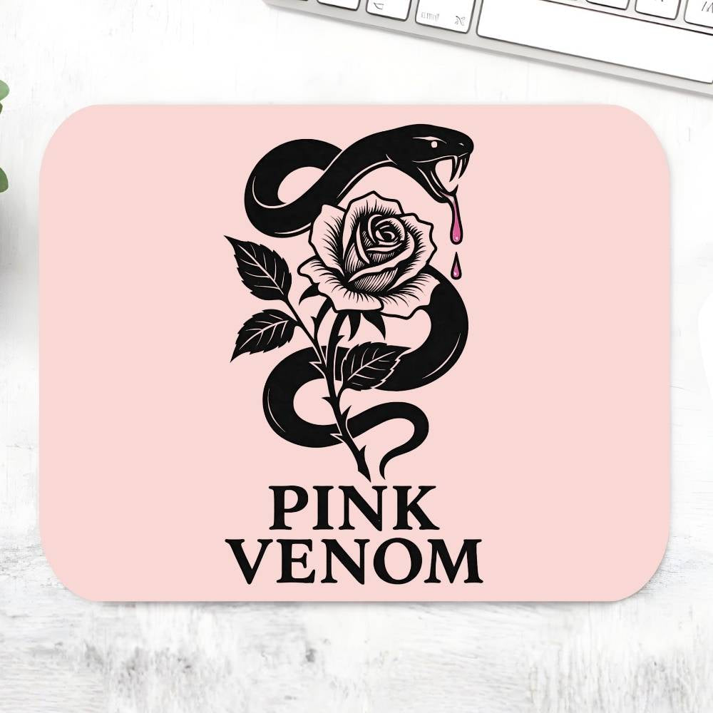 Pink mouse pad with snake and rose design and 'Pink Venom' text on a light surface. Black Pink Mousepad.