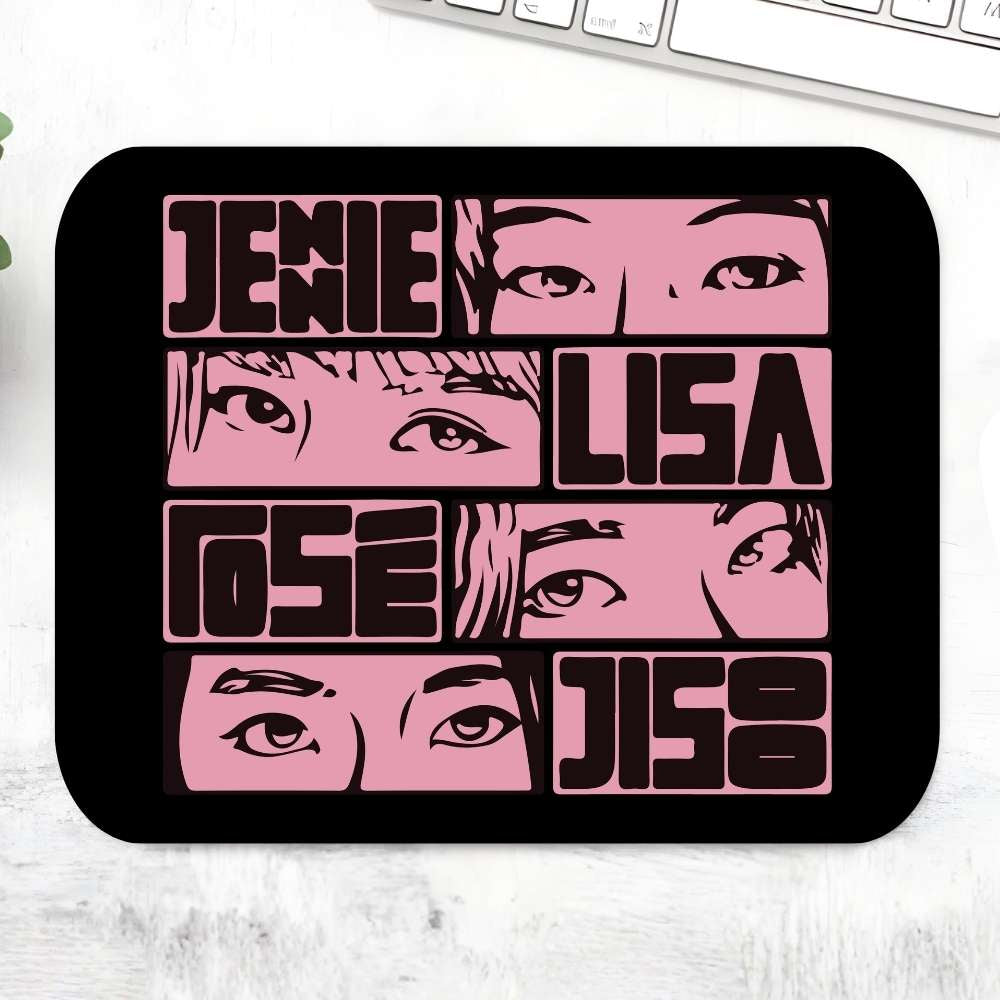 Pink and black graphic with names and faces on a white surface Black Pink Mousepad.