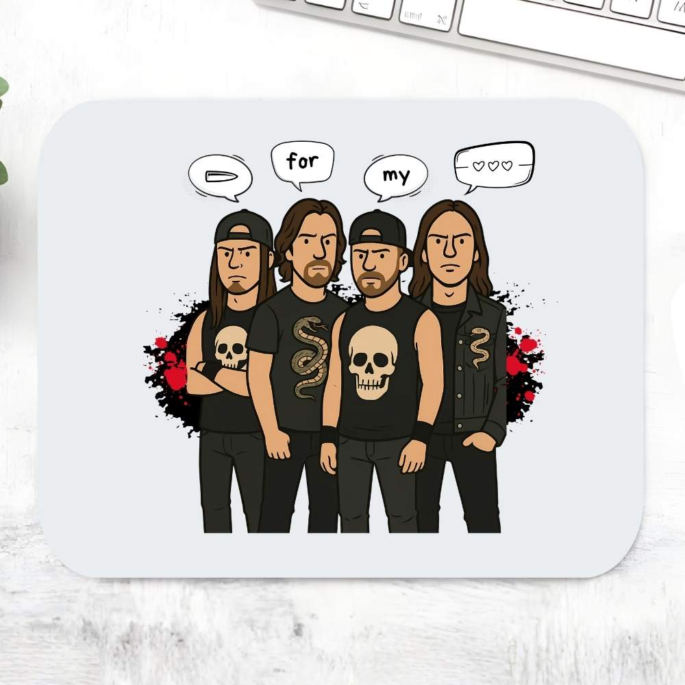 Mouse pad with cartoon illustration of four people wearing black shirts with skull designs on a white surface. Bullet for my valentine.