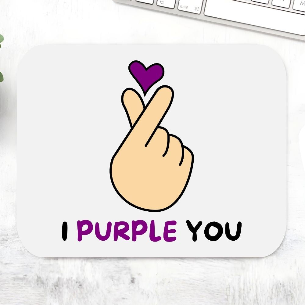BTS I Purple You mousepad with Korean finger heart and purple love typography – aesthetic non-slip desk mat and meaningful K-pop gift for devoted BTS ARMY and Bangtan fans