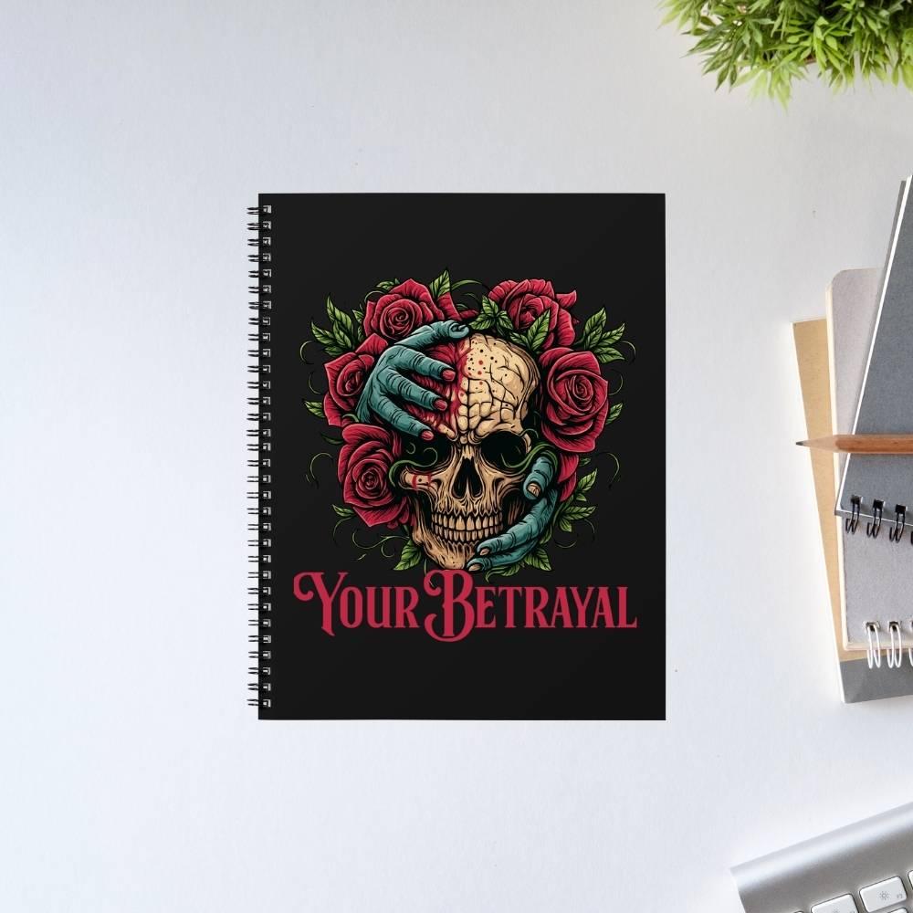Notebook with skull and roses design on a white surface Bullet for my valentine.