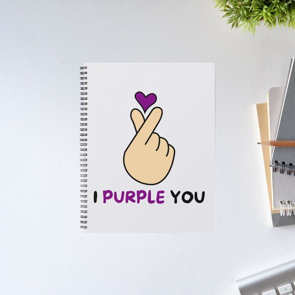 BTS I Purple You spiral notebook with Korean finger heart and purple love design – meaningful fan art journal and K-pop gift for devoted ARMY and Bangtan Sonyeondan fans
