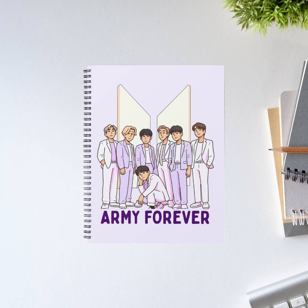 BTS Army Forever spiral notebook with illustrated Bangtan members in white outfits and purple BTS logo design – premium K-pop fan journal and collectible gift for ARMY fans