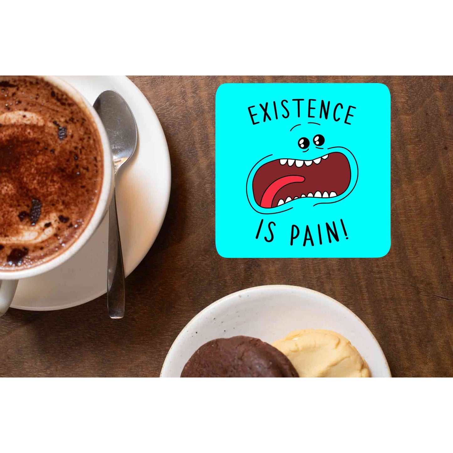 rick and morty existence is pain coasters wooden table cups indian buy online india the banyan tee tbt men women girls boys unisex rick and morty online summer beth mr meeseeks jerry quote vector art clothing accessories merchandise