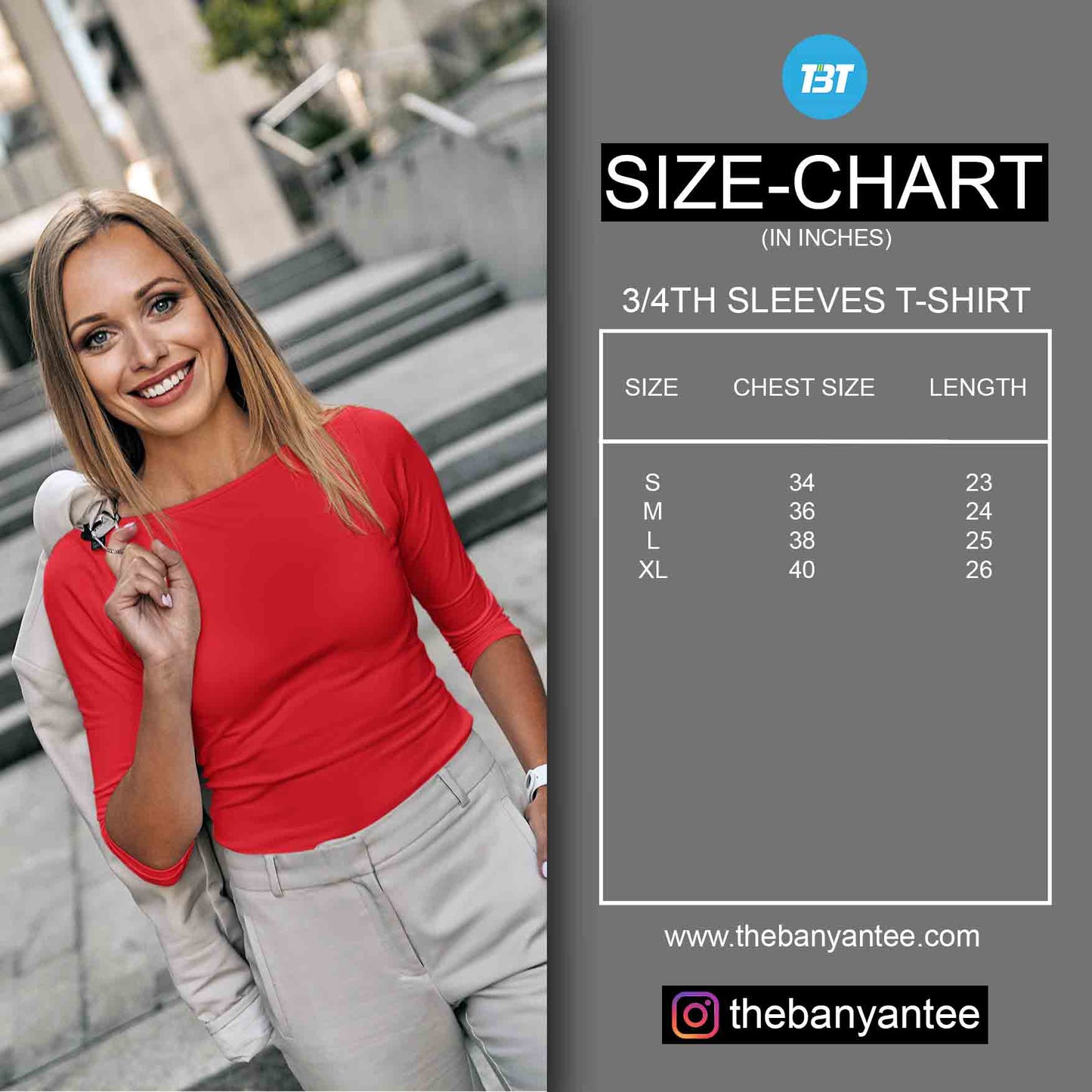 The Banyan Tee 3/4th Sleeve Top Size Chart
