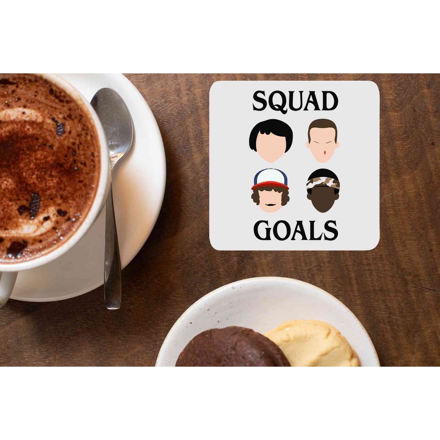 stranger things squad goals coasters wooden table cups indian tv & movies buy online india the banyan tee tbt men women girls boys unisex stranger things eleven demogorgon shadow monster dustin quote vector art clothing accessories merchandise