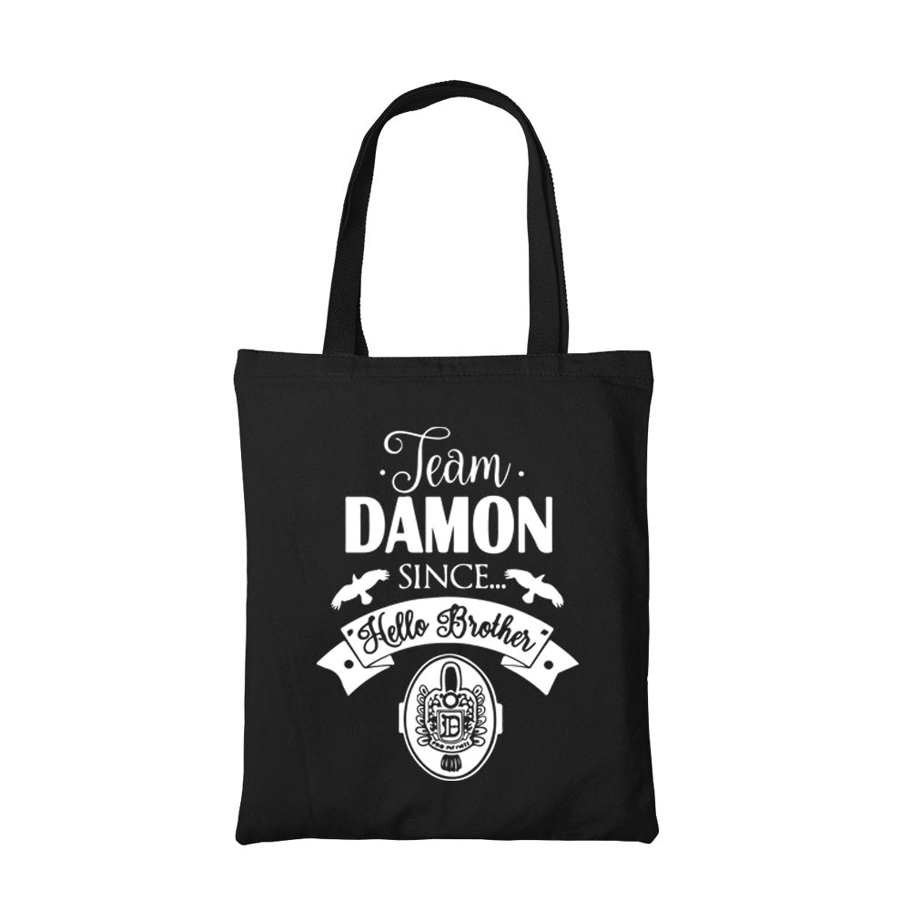 the vampire diaries team damon tote bag hand printed cotton women men unisex