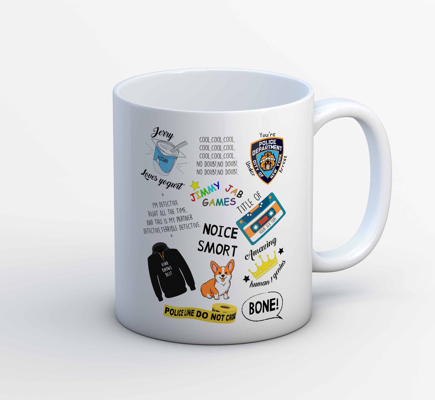 brooklyn nine-nine nine-nine doodle mug coffee ceramic buy online usa united states of america the banyan tee tbt men women girls boys unisex detective jake peralta terry charles boyle gina linetti andy samberg merchandise clothing acceessories