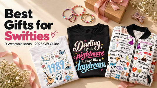 Best gifts for Swifties 2026 gift guide flatlay with Taylor Swift tees, a bomber jacket and friendship bracelets