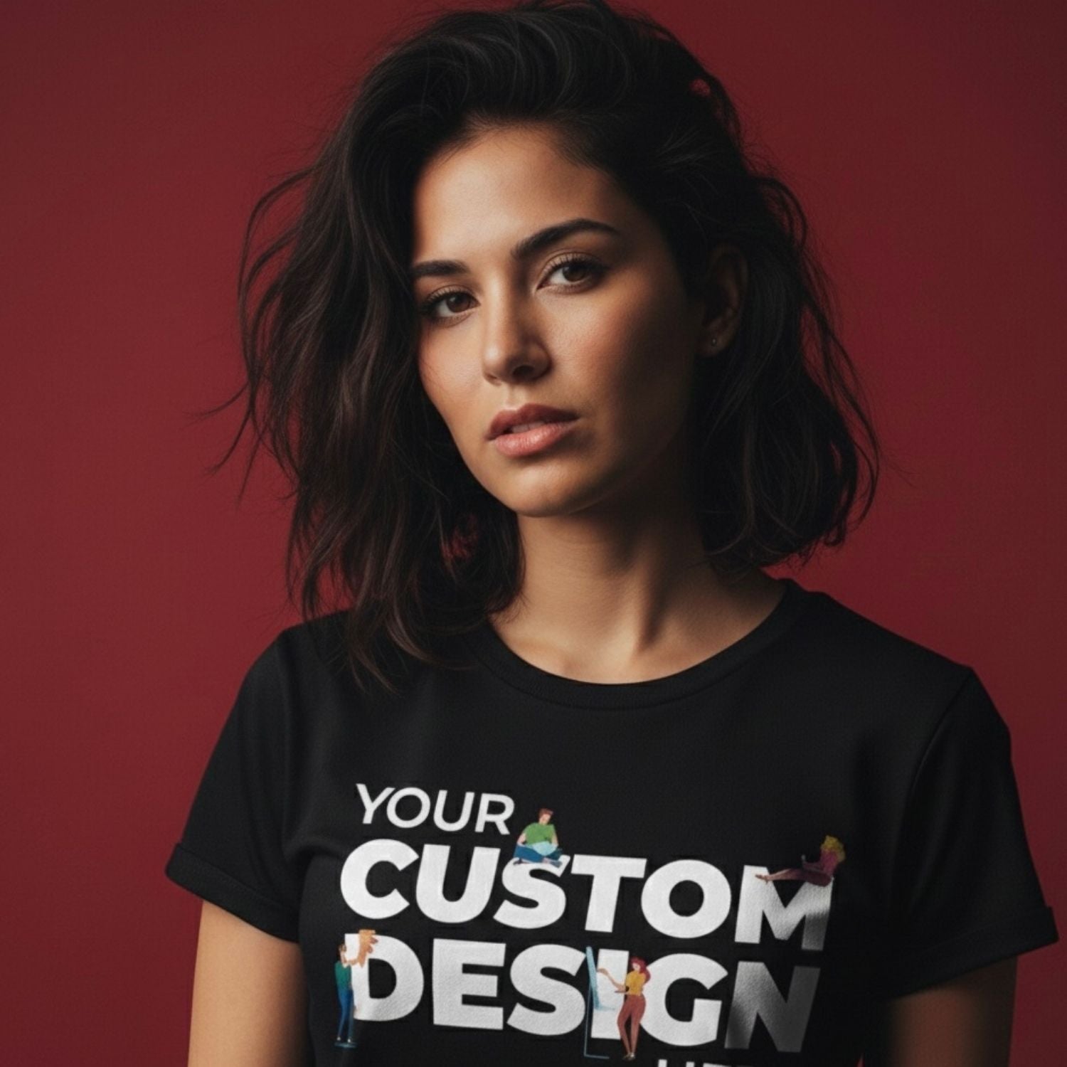 Woman wearing a black t-shirt with 'Your Custom Design' text and graphics on a red background