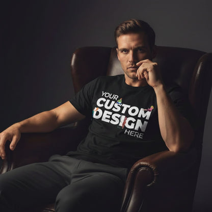 Man sitting in a dark armchair wearing a black t-shirt with customizable text.