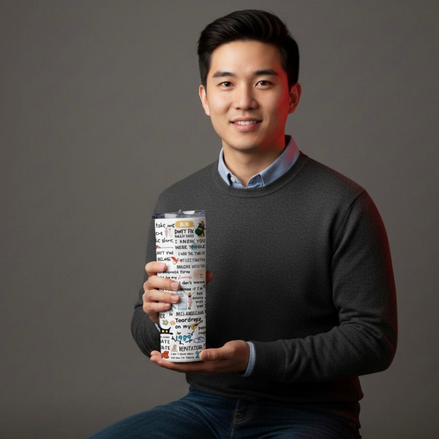 Man holding a colorful Taylor Swift tumbler against a gray background