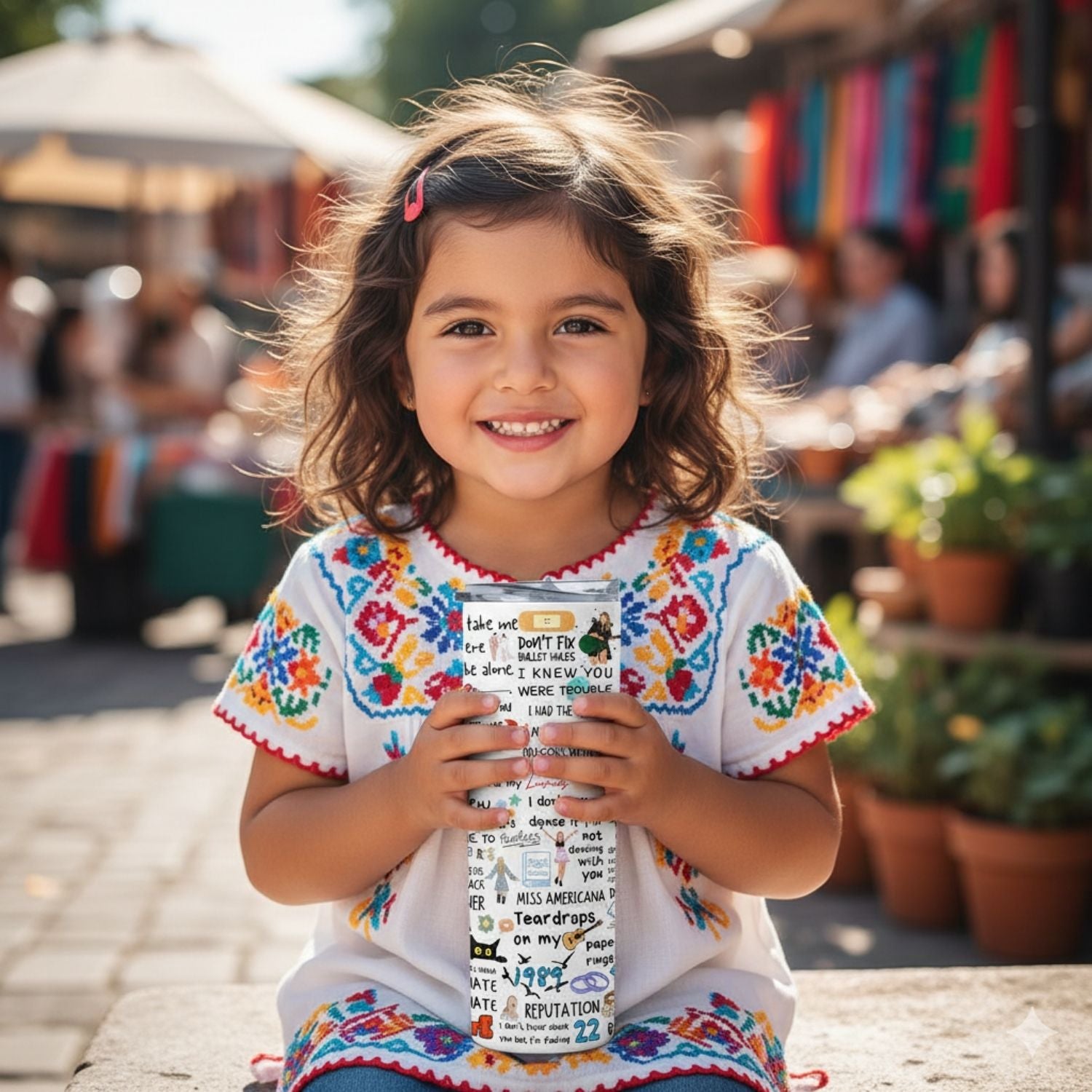 Young girl in a colorful shirt holding a Taylor Swift mug with text, standing in an outdoor market setting.