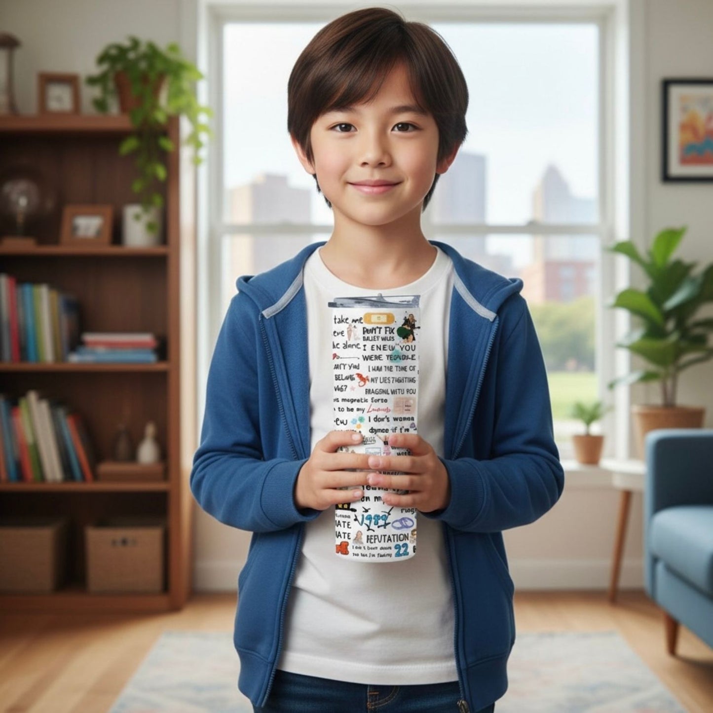 Child holding a Taylor Swift product in a room with bookshelves and plants