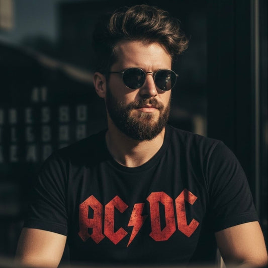 Man wearing sunglasses and an AC/DC t-shirt in a blurred cityscape The Banyan Tee
