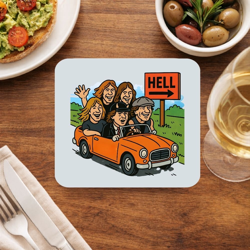 Coaster with a cartoon design of people in a car near a 'Hell' sign on a dining table with food and drink. AC/DC Coaster The Banyan Tee