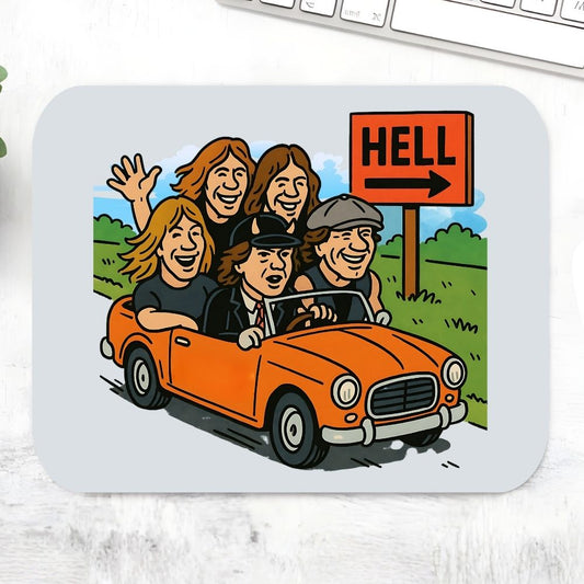 Mouse pad with cartoon illustration of people in an orange car and a 'Hell' sign on a white surface. AC/DC Mousepad The Banyan Tee