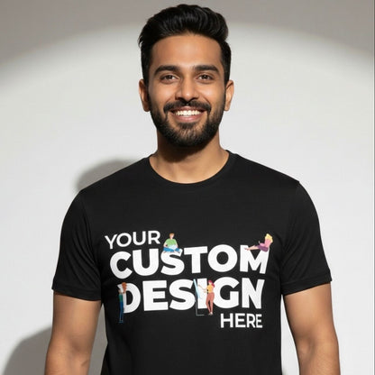 Man wearing a black t-shirt with 'Your Custom Design Here' text