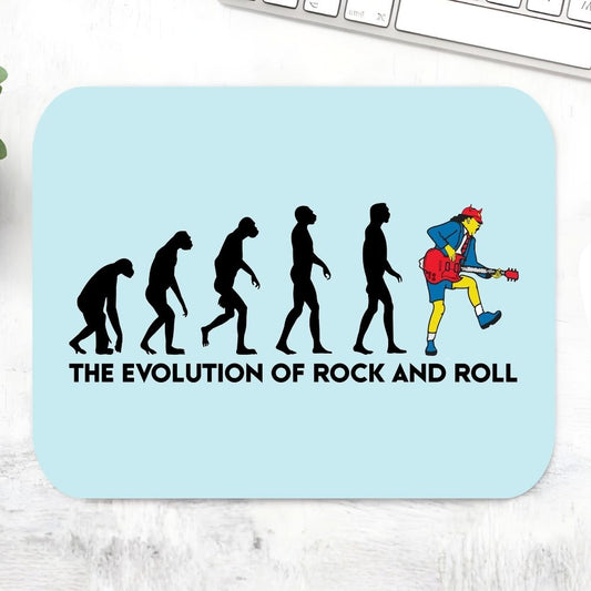Mouse pad with 'The Evolution of Rock and Roll' design on a light blue background AC/DC Mousepad The Banyan Tee
