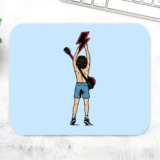 Mouse pad with a graphic of a person holding a guitar on a light blue background AC/DC Mousepad The Banyan Tee