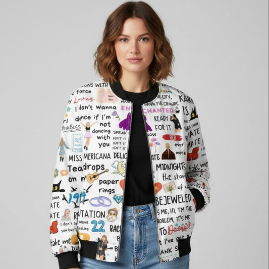Woman wearing a colorful patterned Taylor Swift Bomber jacket with text and graphics on a plain background
