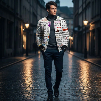 Man walking down a cobblestone street wearing a colorful  Taylor Swift jacket with text patterns.