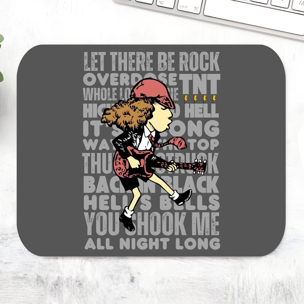 Mouse pad with a graphic of a person playing guitar and text on a gray background AC/DC Mousepad The Banyan Tee