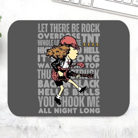 Mouse pad with a graphic of a person playing guitar and text on a gray background AC/DC Mousepad The Banyan Tee