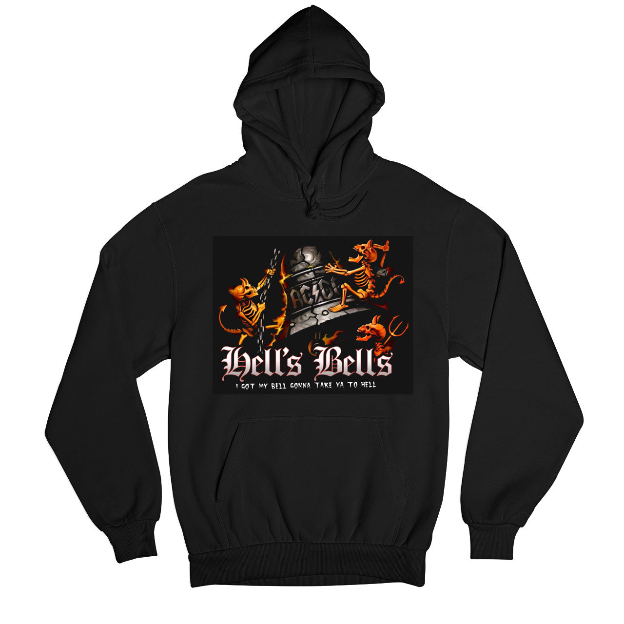 ac/dc hell's bells hoodie hooded sweatshirt winterwear music band buy online united states usa the banyan tee tbt men women girls boys unisex black