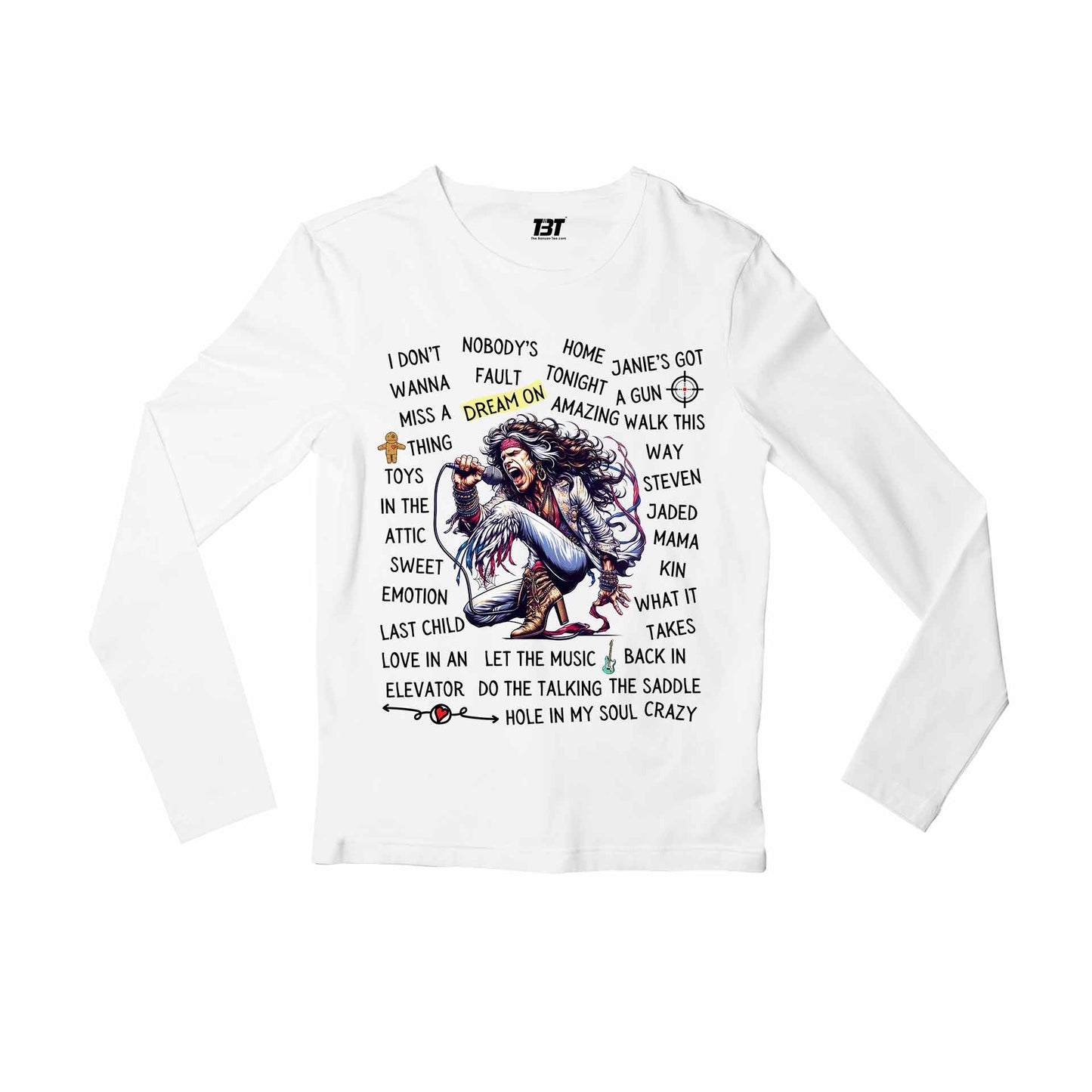 aerosmith song story full sleeves long sleeves music band buy online india the banyan tee tbt men women girls boys unisex white