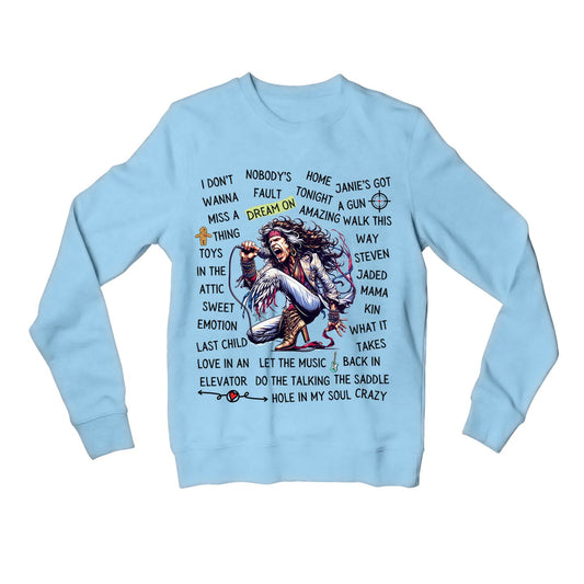 aerosmith song story sweatshirt upper winterwear music band buy online united states usa the banyan tee tbt men women girls boys unisex baby blue