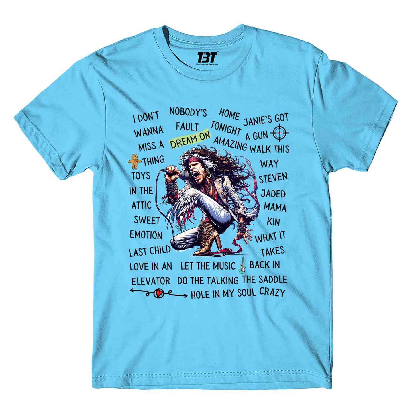 aerosmith song story t-shirt music band buy online united states of america usa the banyan tee tbt men women girls boys unisex sky blue