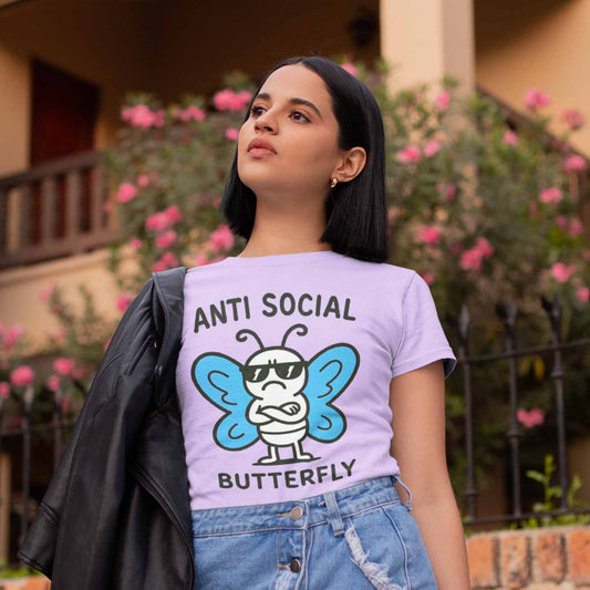 graphic anti social butterfly t-shirt printed graphic stylish buy online united states usa the banyan tee tbt men women girls boys unisex lavender 