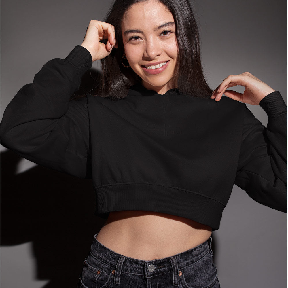 black solid plain crop hoodie the banyan tee