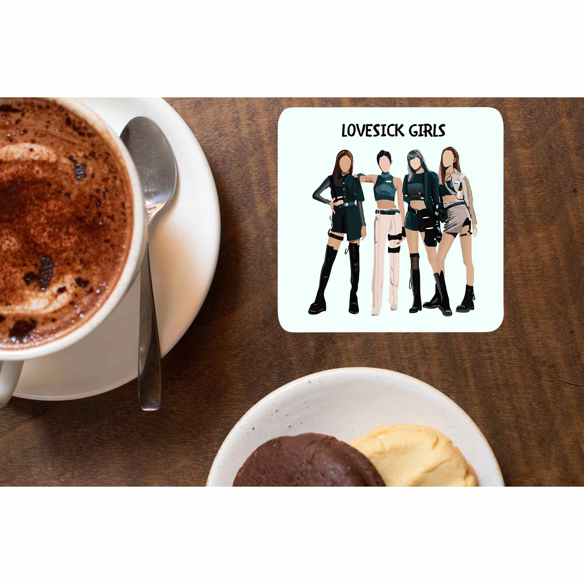 black pink lovesick girls coasters wooden table cups indian music band buy online india the banyan tee tbt men women girls boys unisex  song k pop jennie lisa jisoo rose