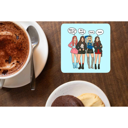 black pink whistle coasters wooden table cups indian music band buy online india the banyan tee tbt men women girls boys unisex  song k pop jennie lisa jisoo rose