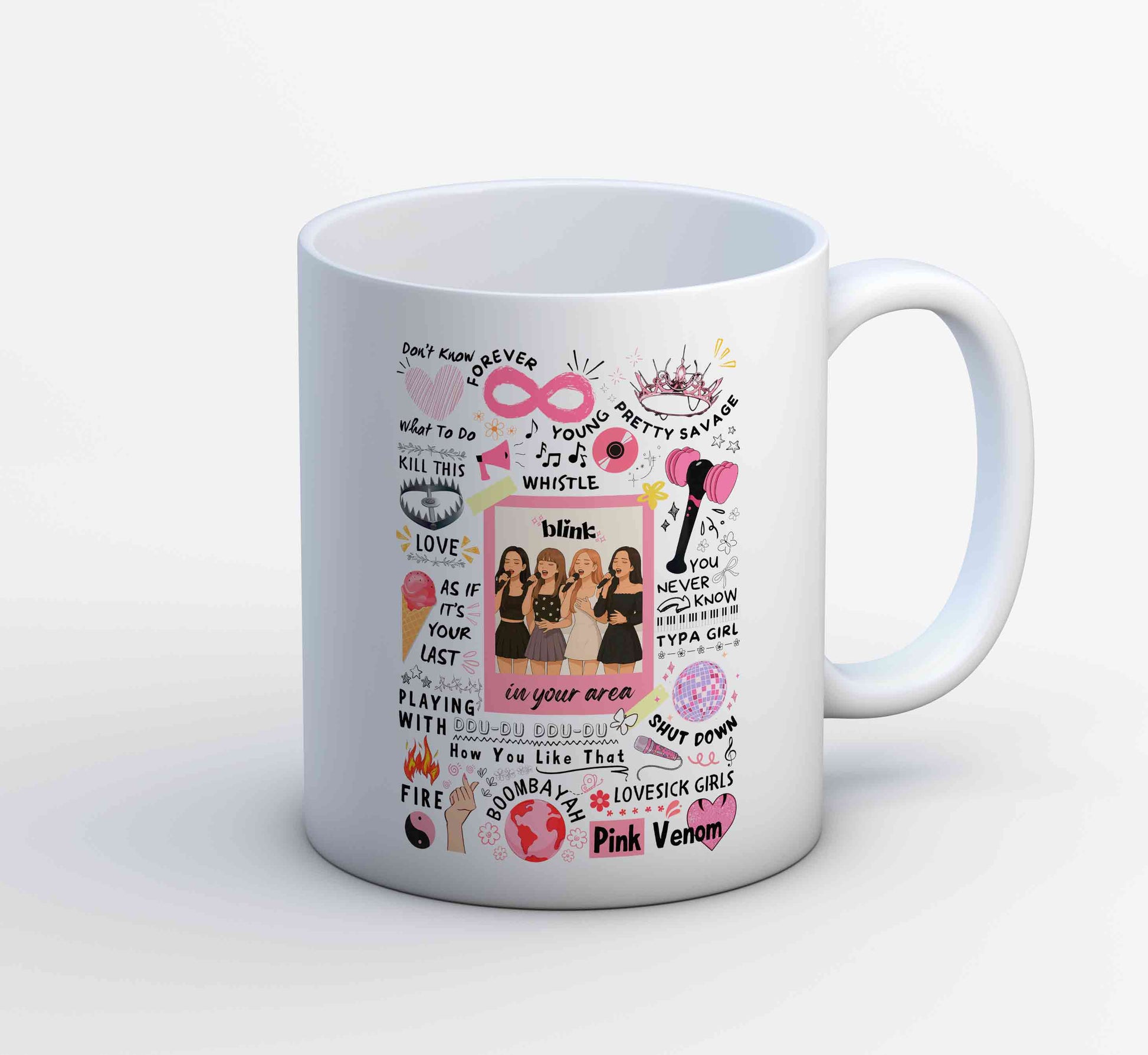 black pink blink doodle mug coffee ceramic music band buy online usa united states of america the banyan tee tbt men women girls boys unisex  song k pop jennie lisa jisoo rose